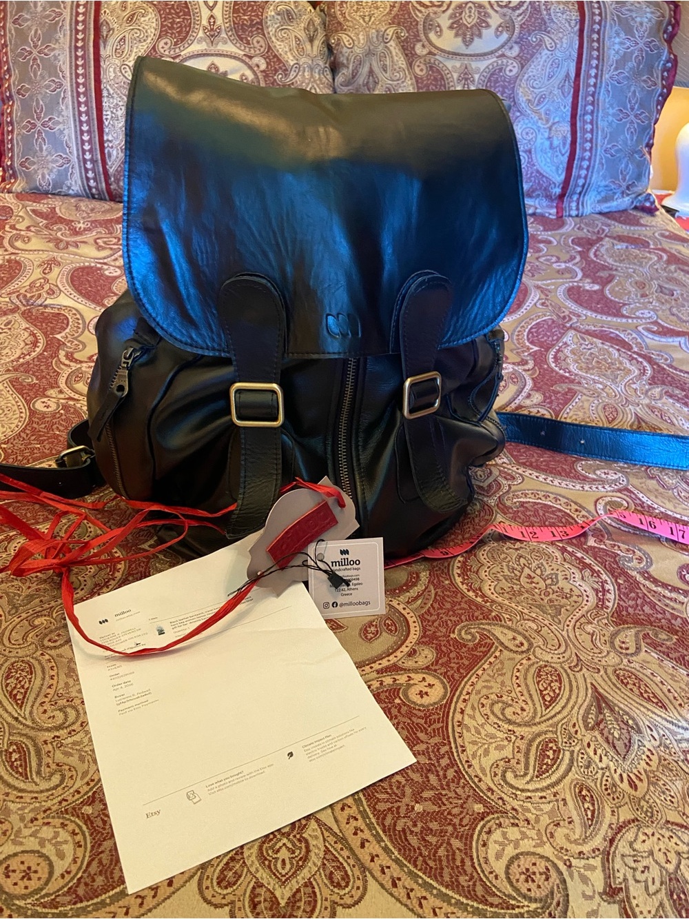 Black Leather Backpack -Miloo Greek imported expandable leather custom ordered